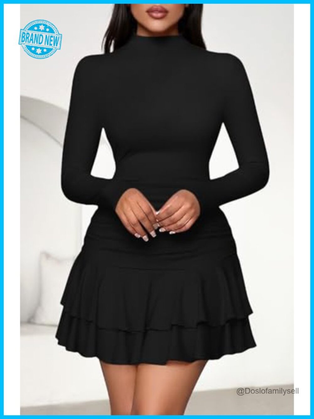 Long Sleeve Ruffle Layered Bodycon Mini Dress Ruched Mock Neck - Picture 2 of 6